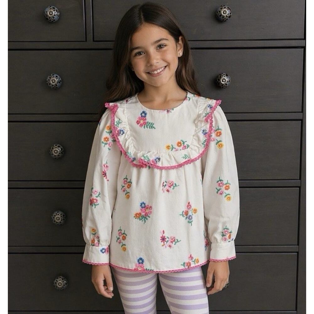 Hadas Ruffled Embroidered Cotton Girls Blouse 8 Years NWOT